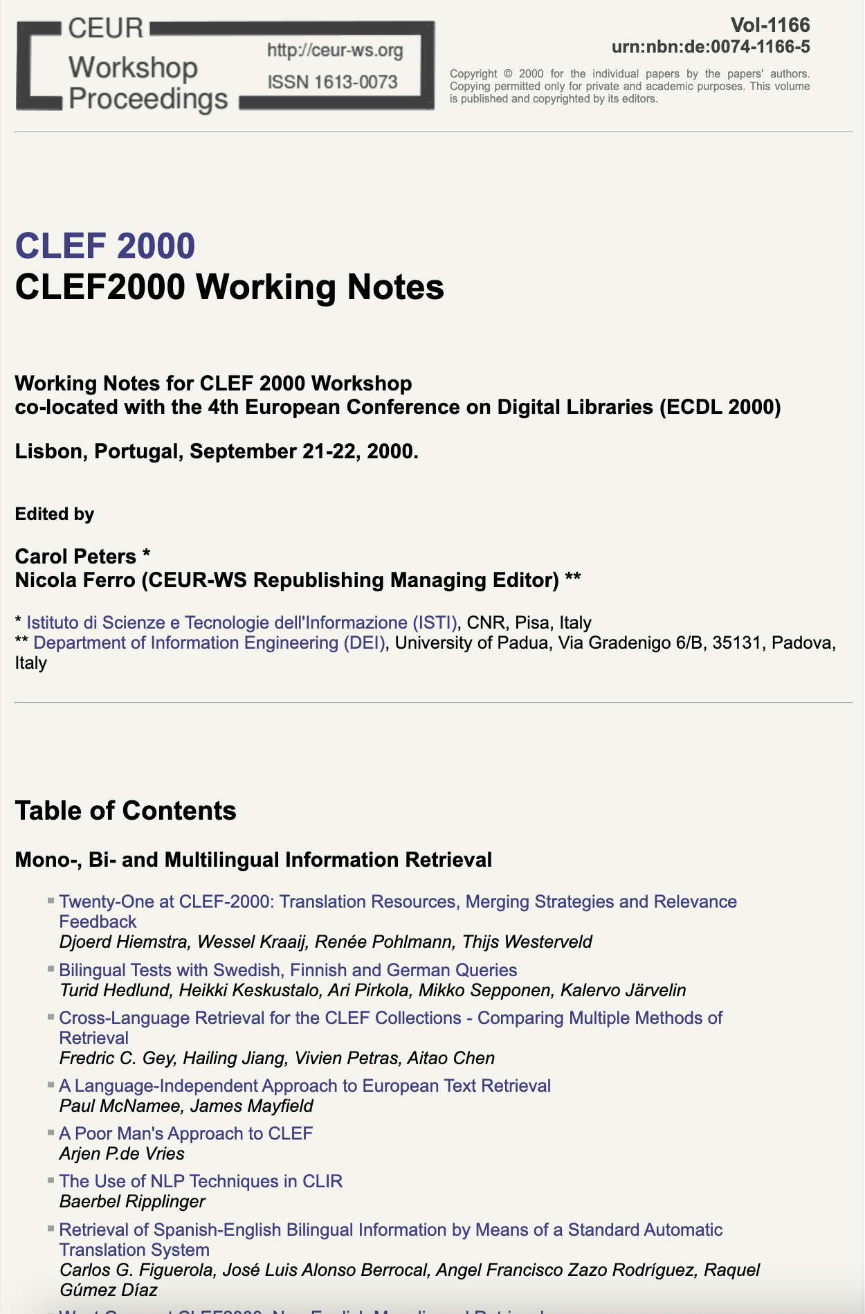 CLEF 2000 CEUR-WS Working Notes page