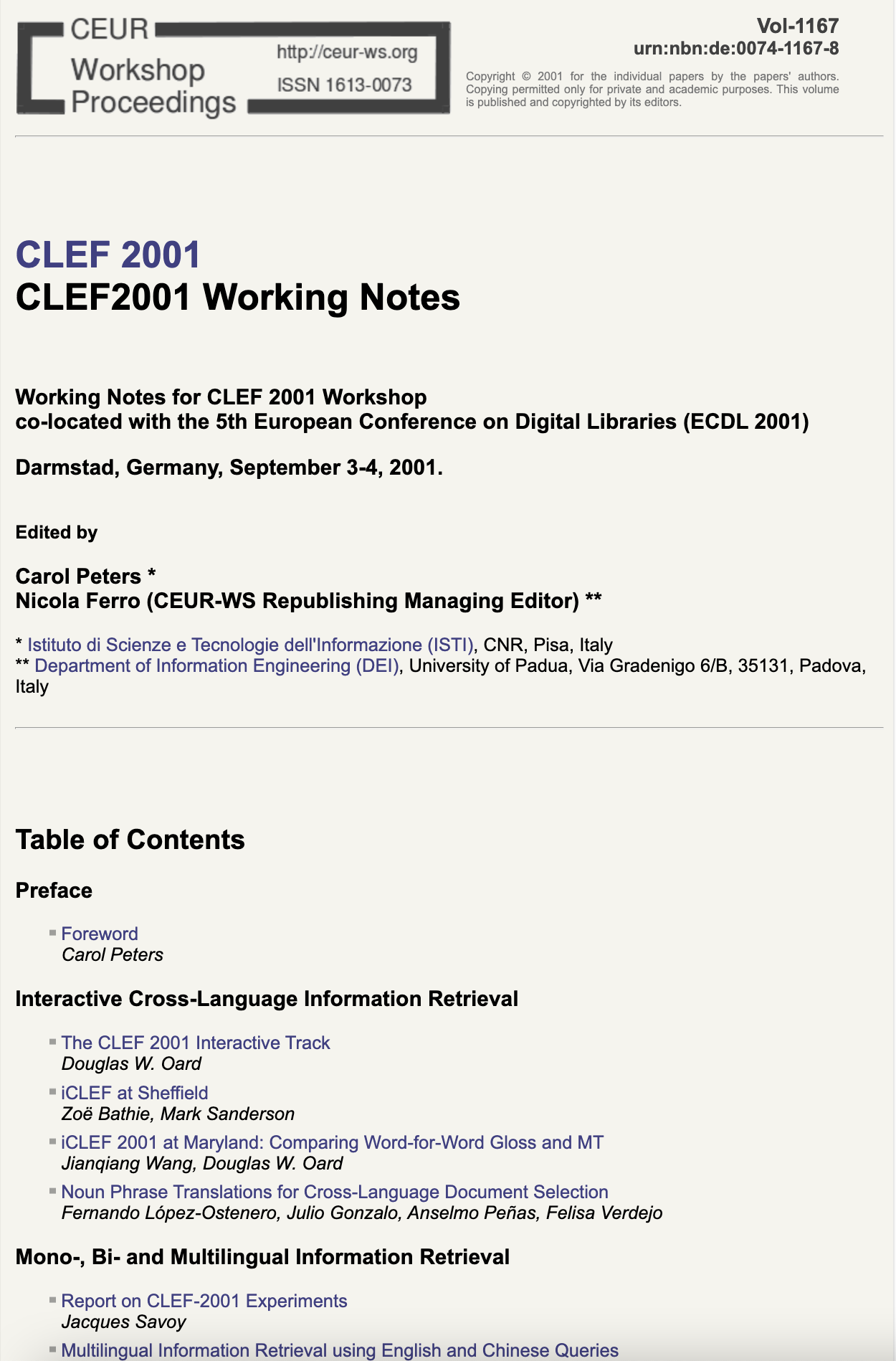 CLEF 2001 CEUR-WS Working Notes page