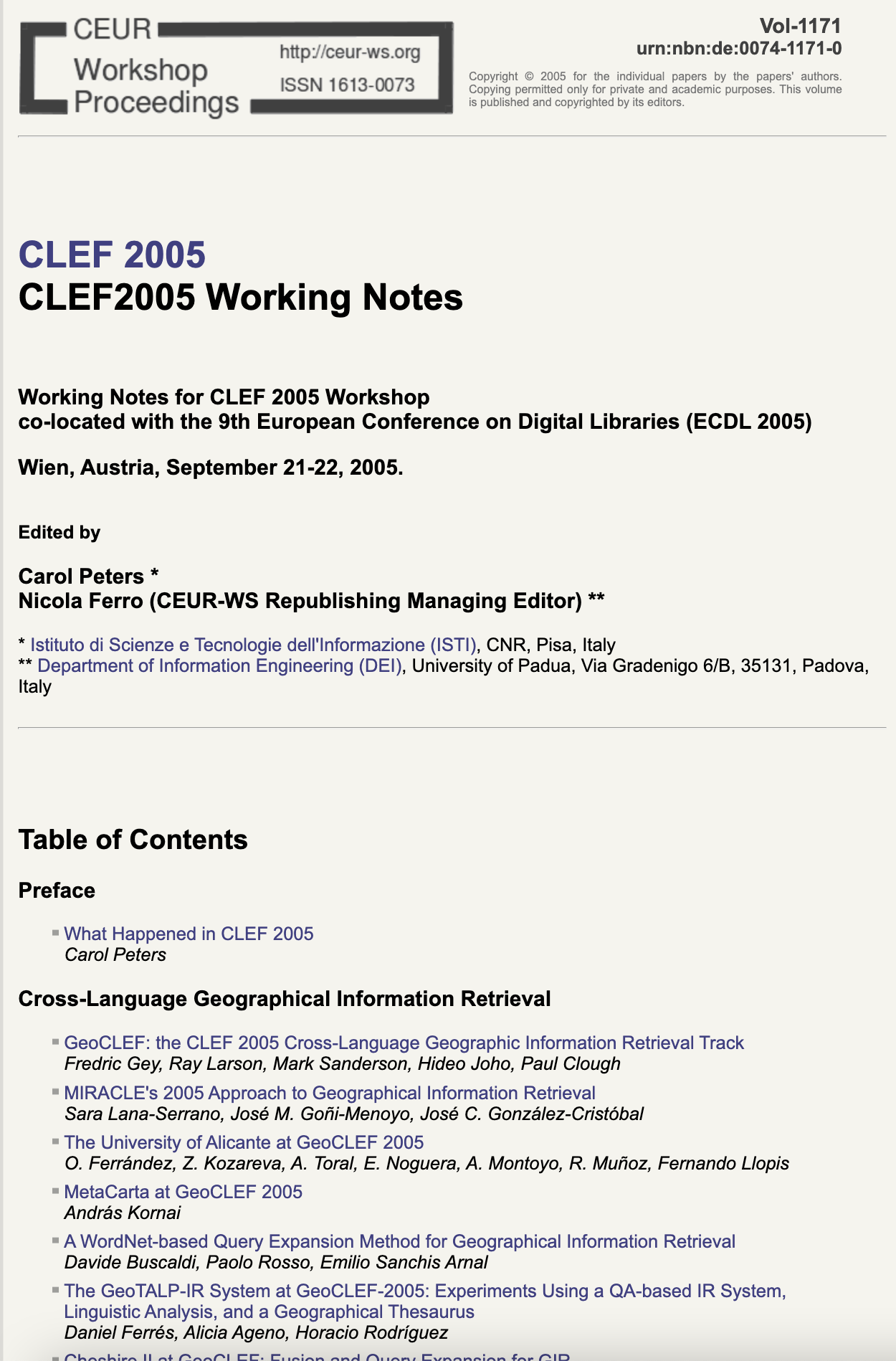 CLEF 2005 CEUR-WS Working Notes page