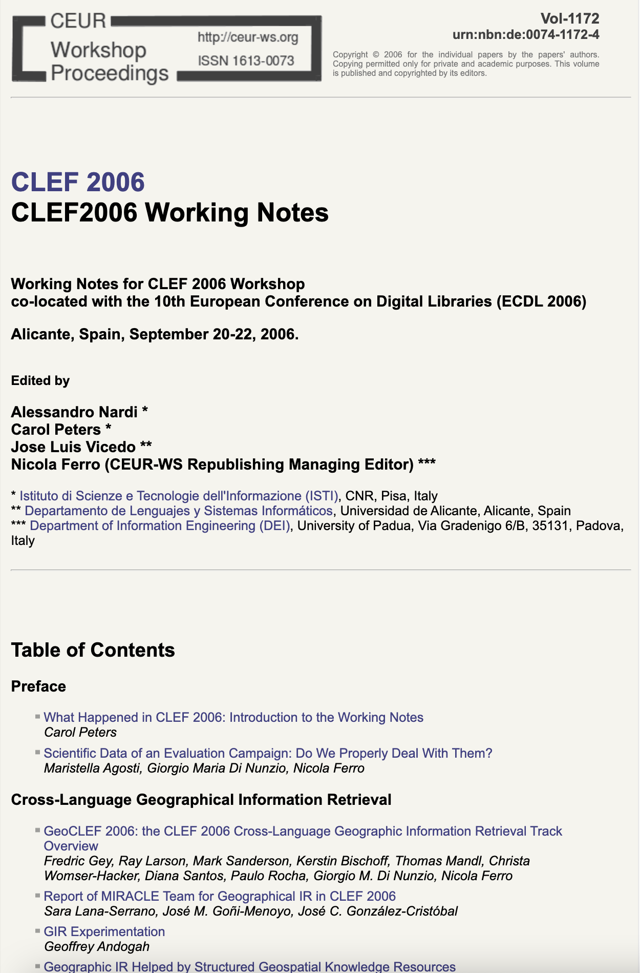 CLEF 2006 CEUR-WS Working Notes page