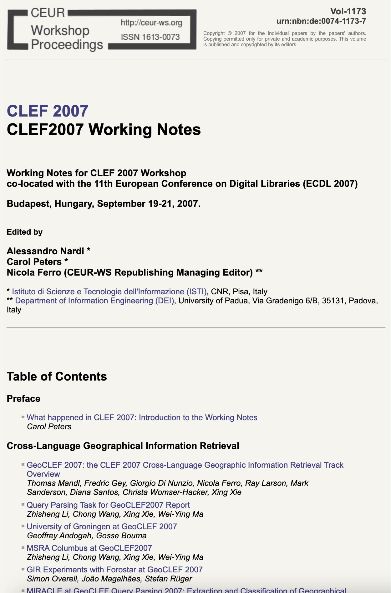 CLEF 2007 CEUR-WS Working Notes page