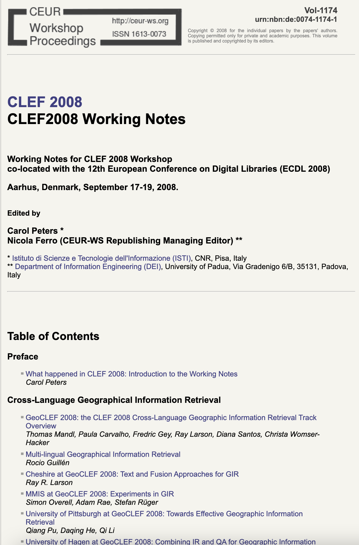 CLEF 2008 CEUR-WS Working Notes page