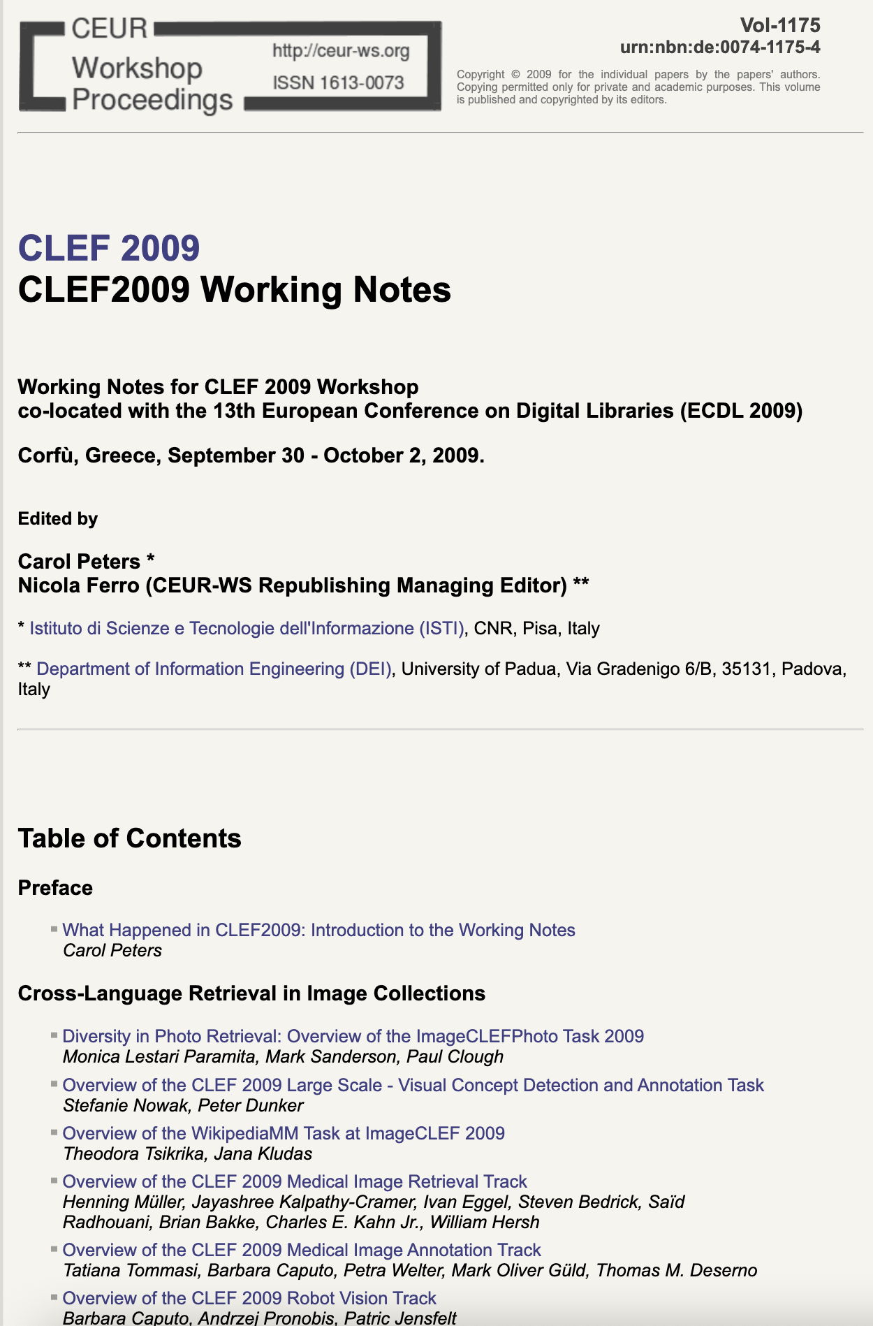 CLEF 2009 CEUR-WS Working Notes page