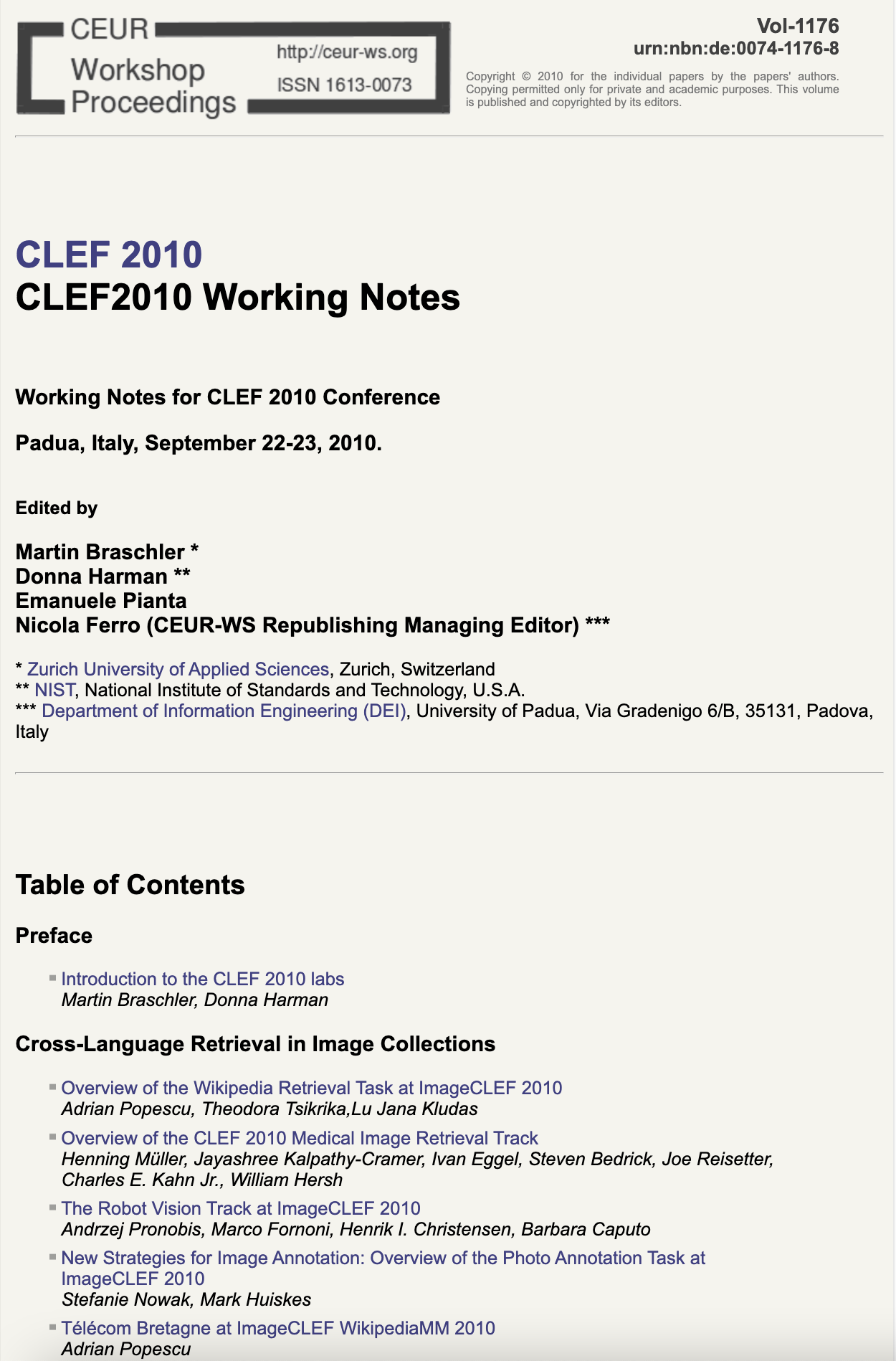 CLEF 2010 CEUR-WS Working Notes page