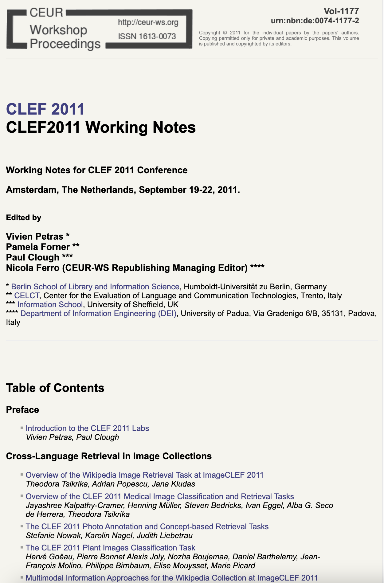 CLEF 2011 CEUR-WS Working Notes page