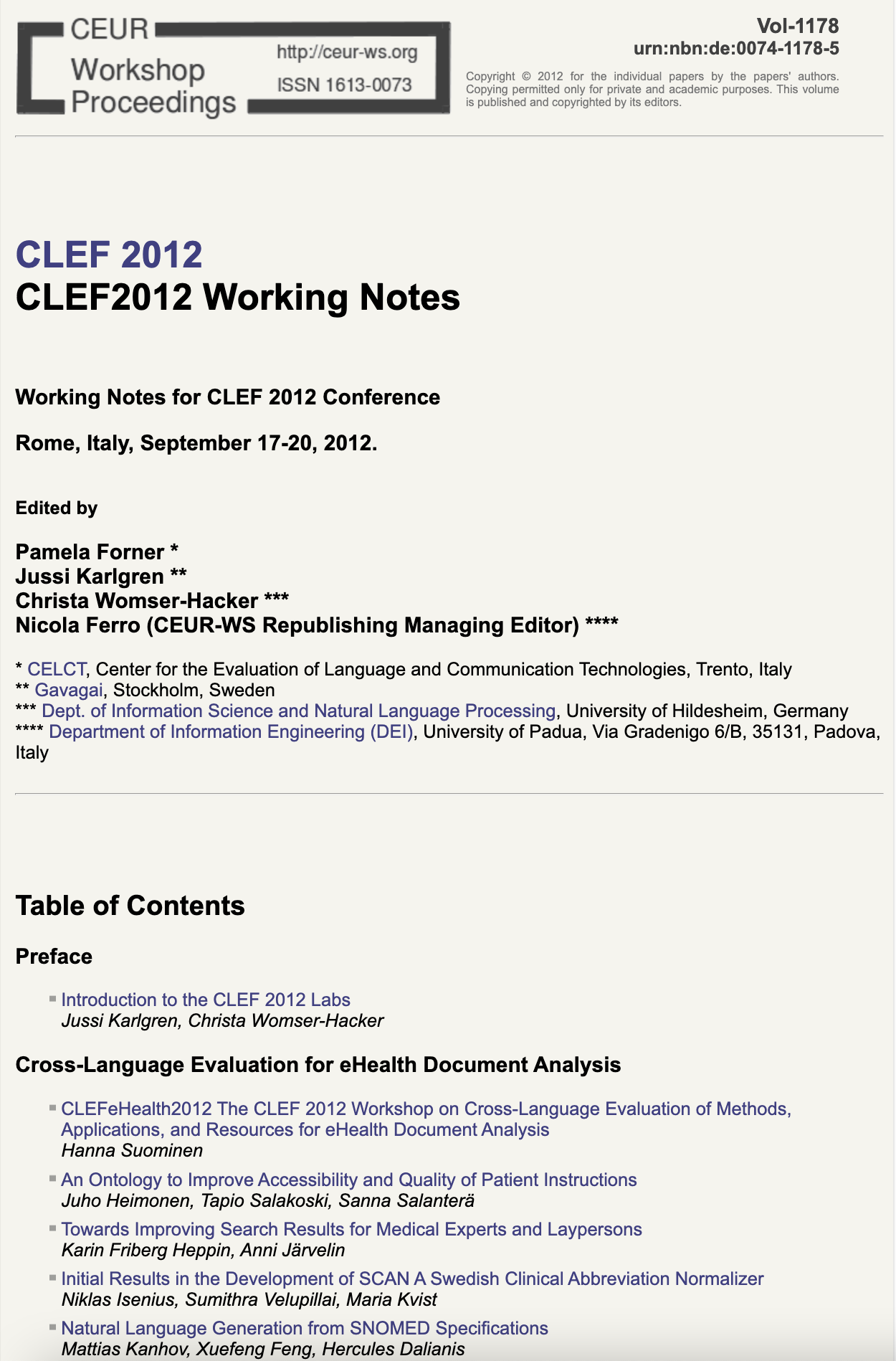 CLEF 2012 CEUR-WS Working Notes page