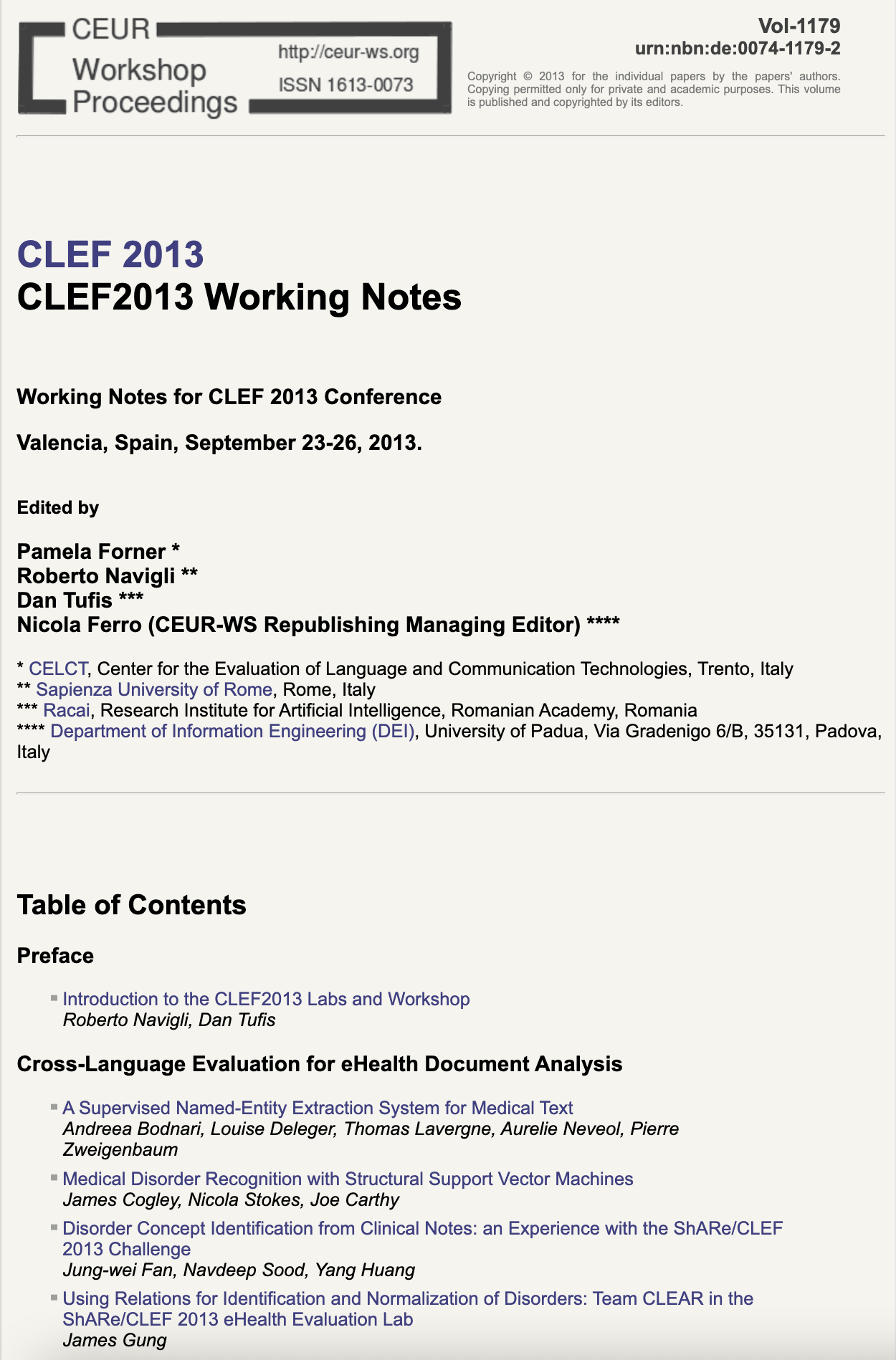 CLEF 2013 CEUR-WS Working Notes page