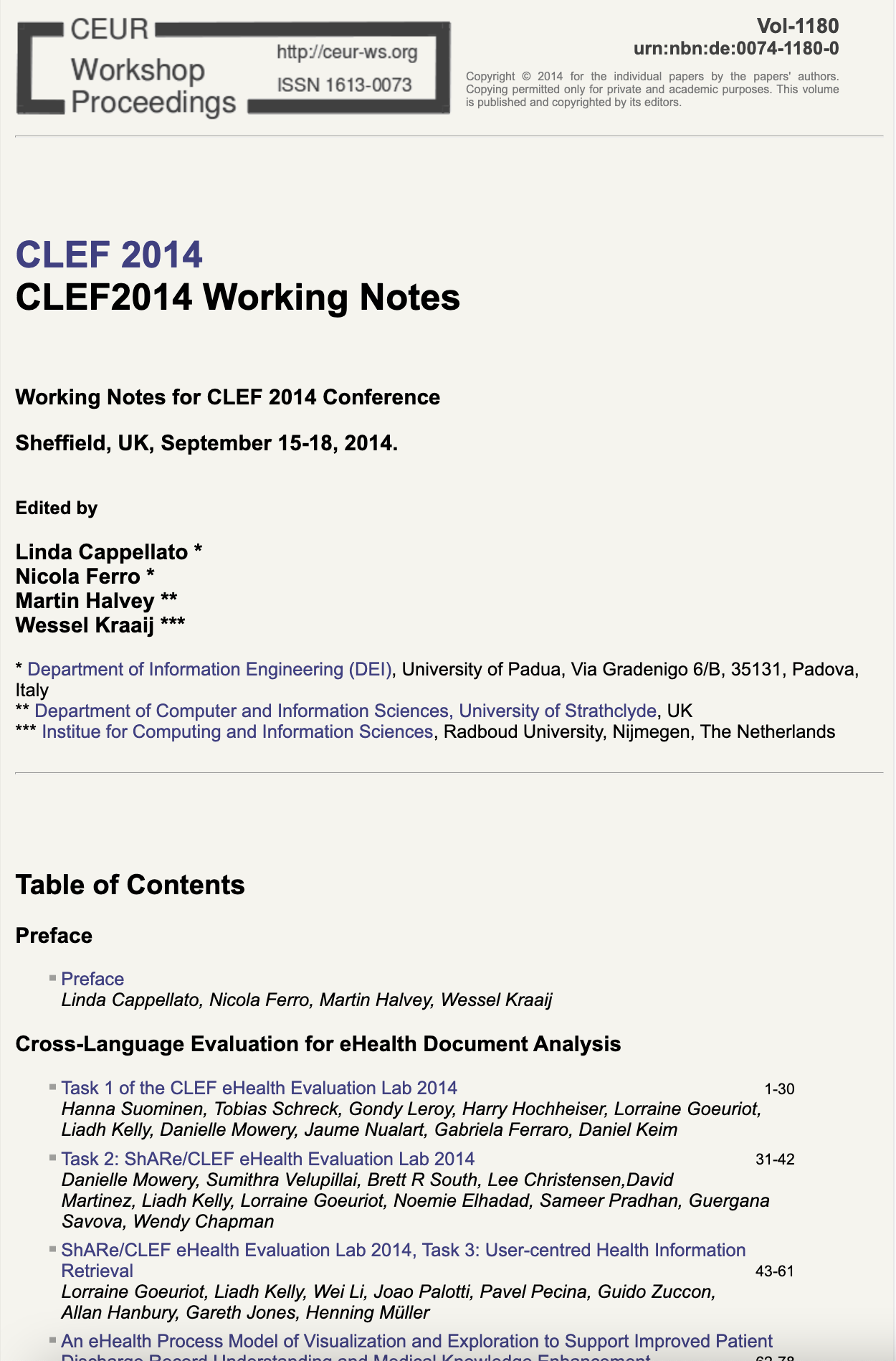CLEF 2014 CEUR-WS Working Notes page