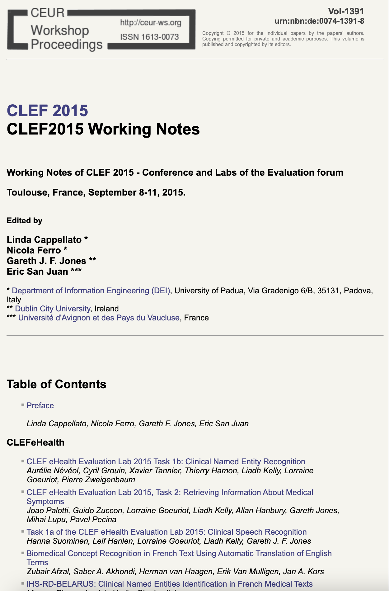 CLEF 2015 CEUR-WS Working Notes page