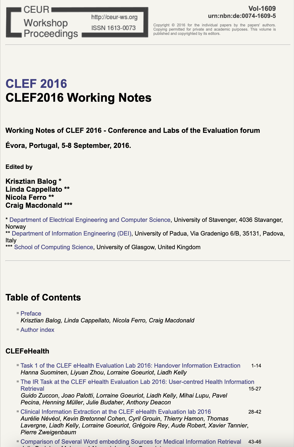 CLEF 2016 CEUR-WS Working Notes page