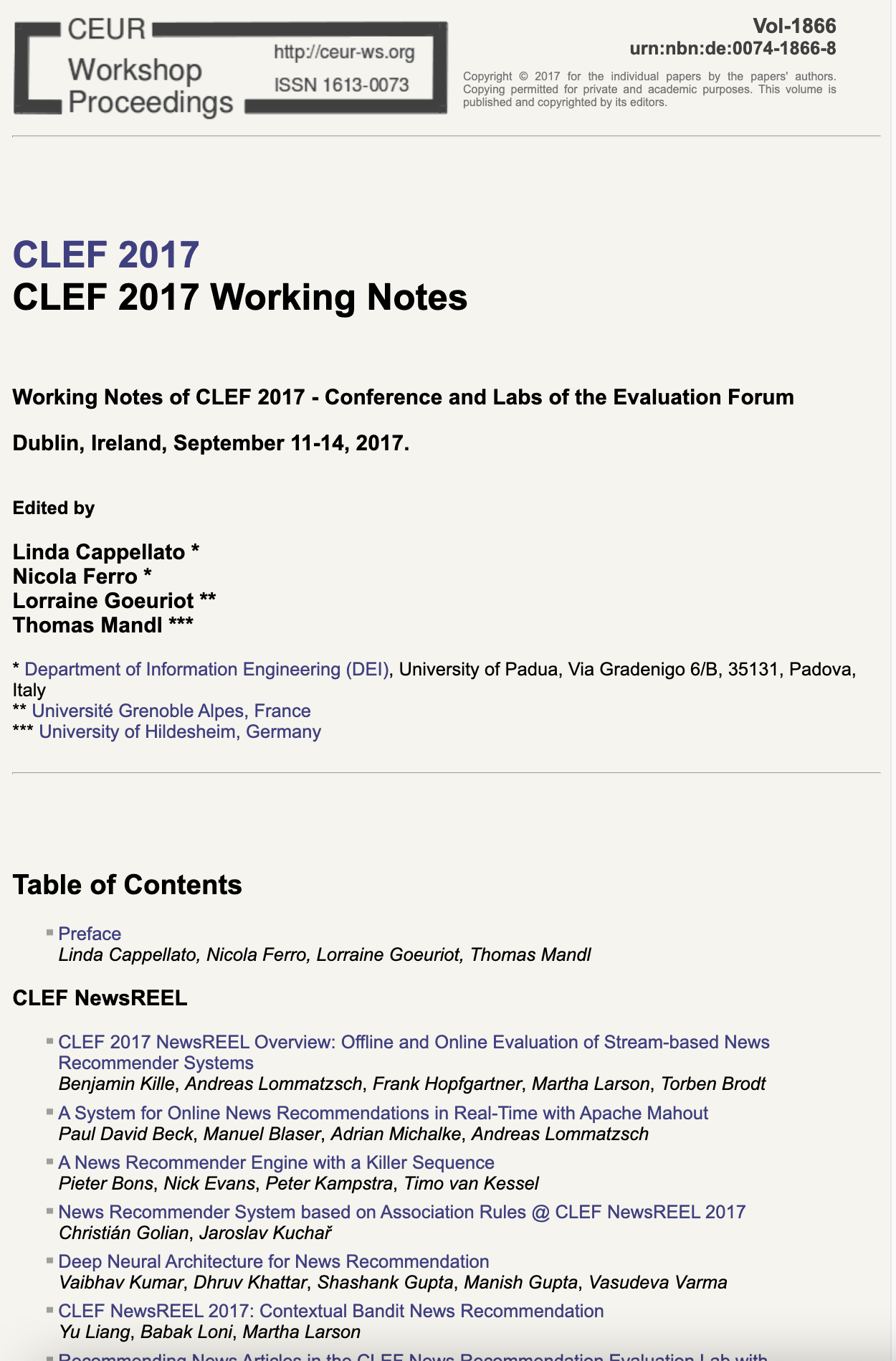 CLEF 2017 CEUR-WS Working Notes page