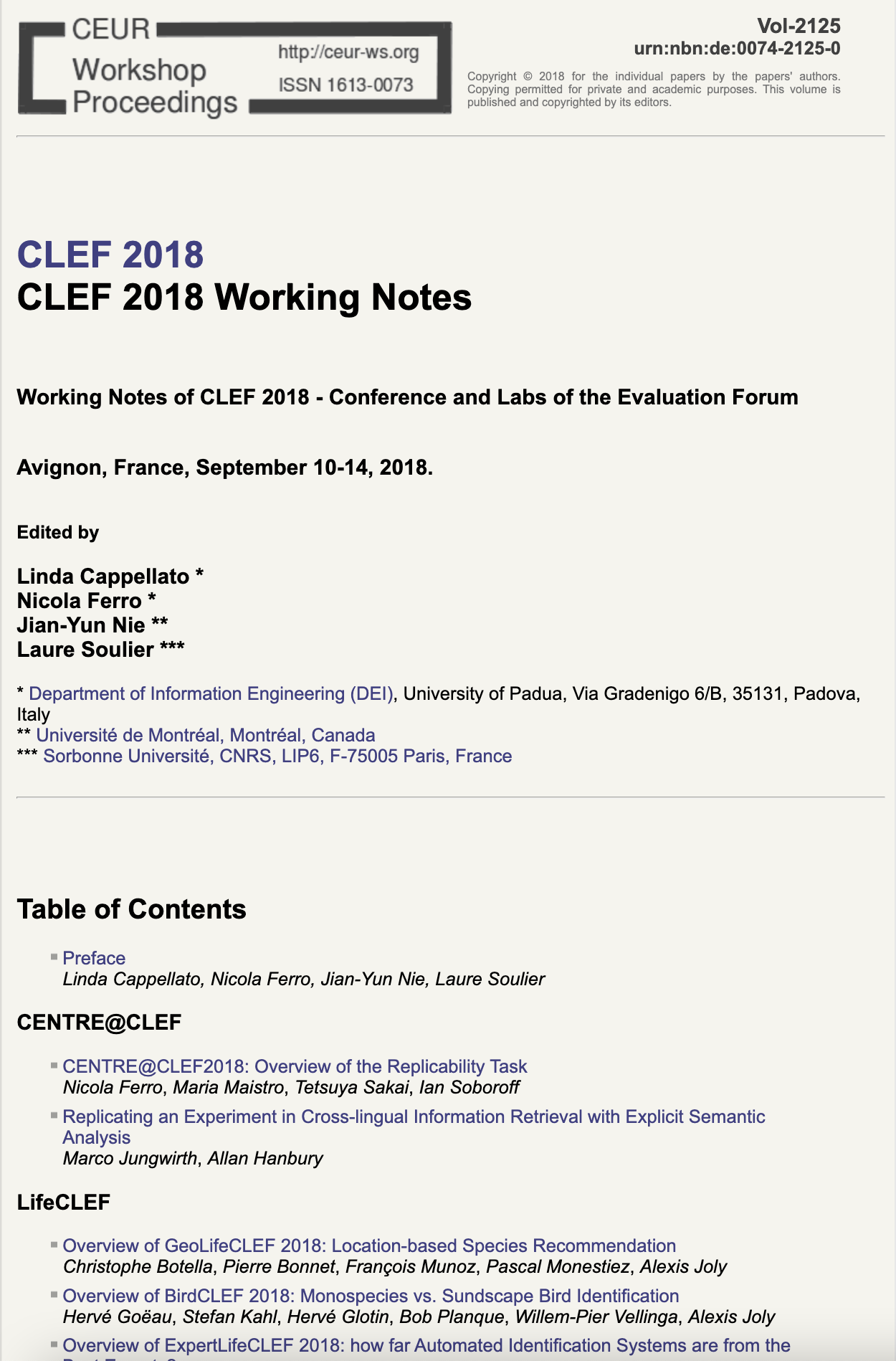 CLEF 2018 CEUR-WS Working Notes page