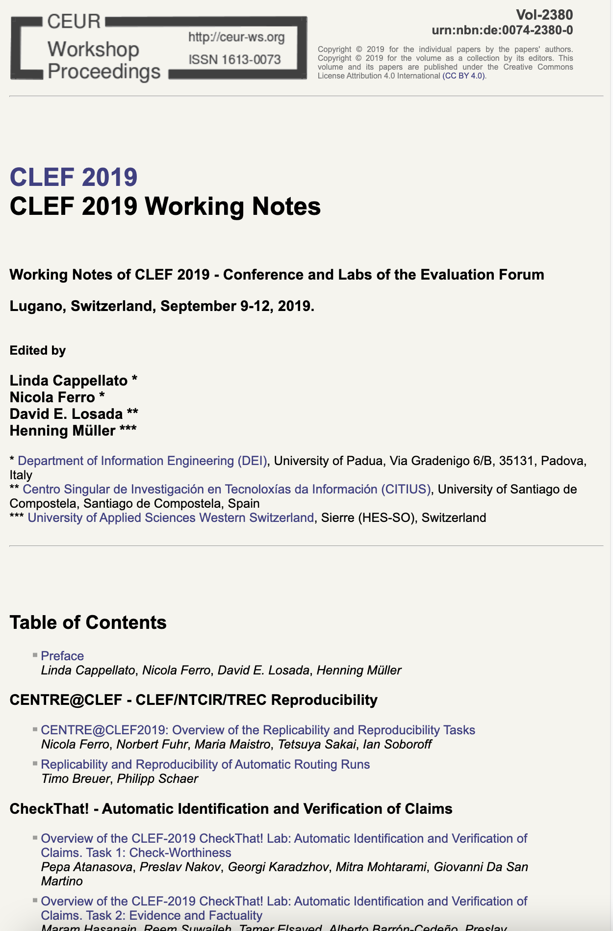 CLEF 2019 CEUR-WS Working Notes page