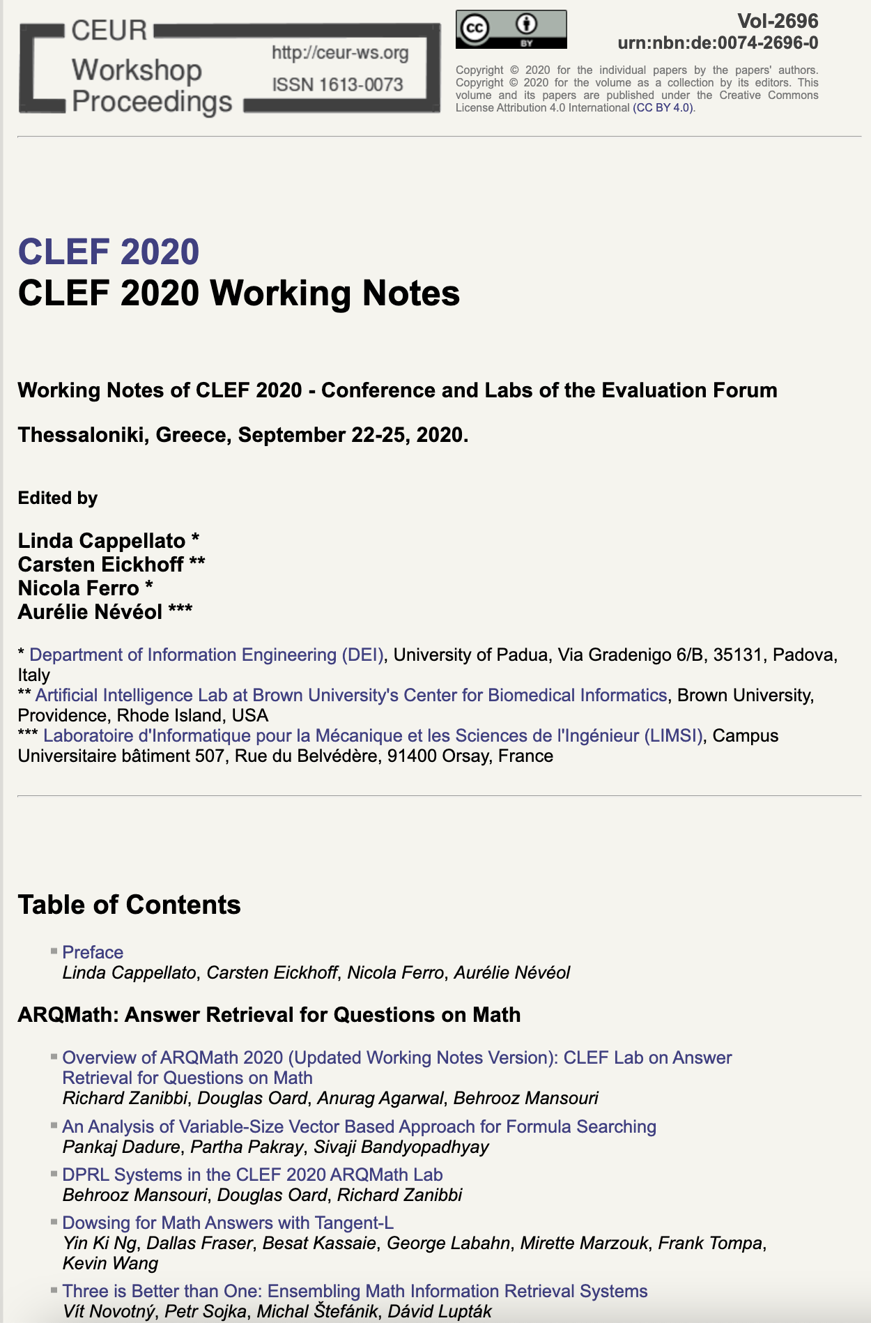 CLEF 2020 CEUR-WS Working Notes page