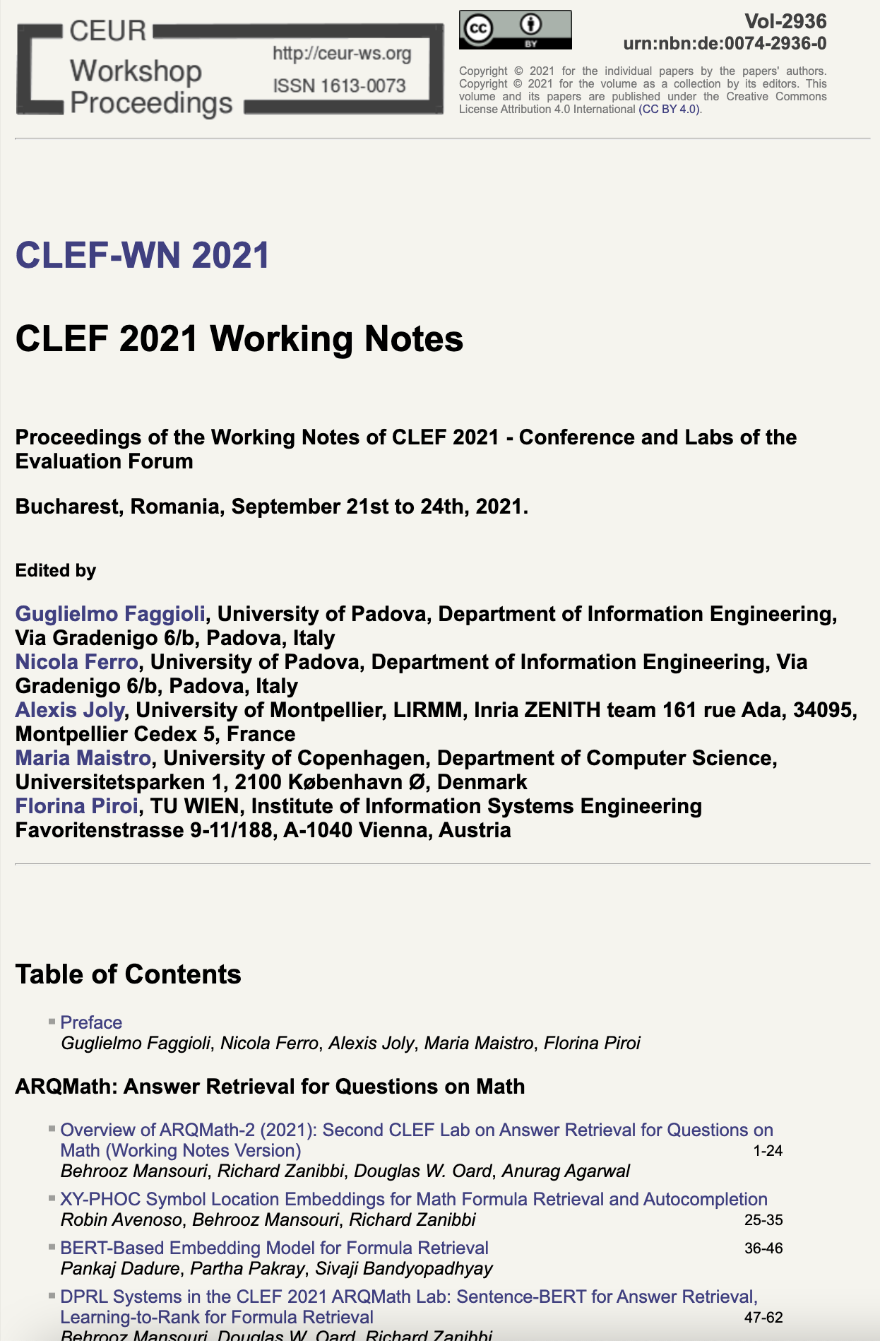 CLEF 2021 CEUR-WS Working Notes page