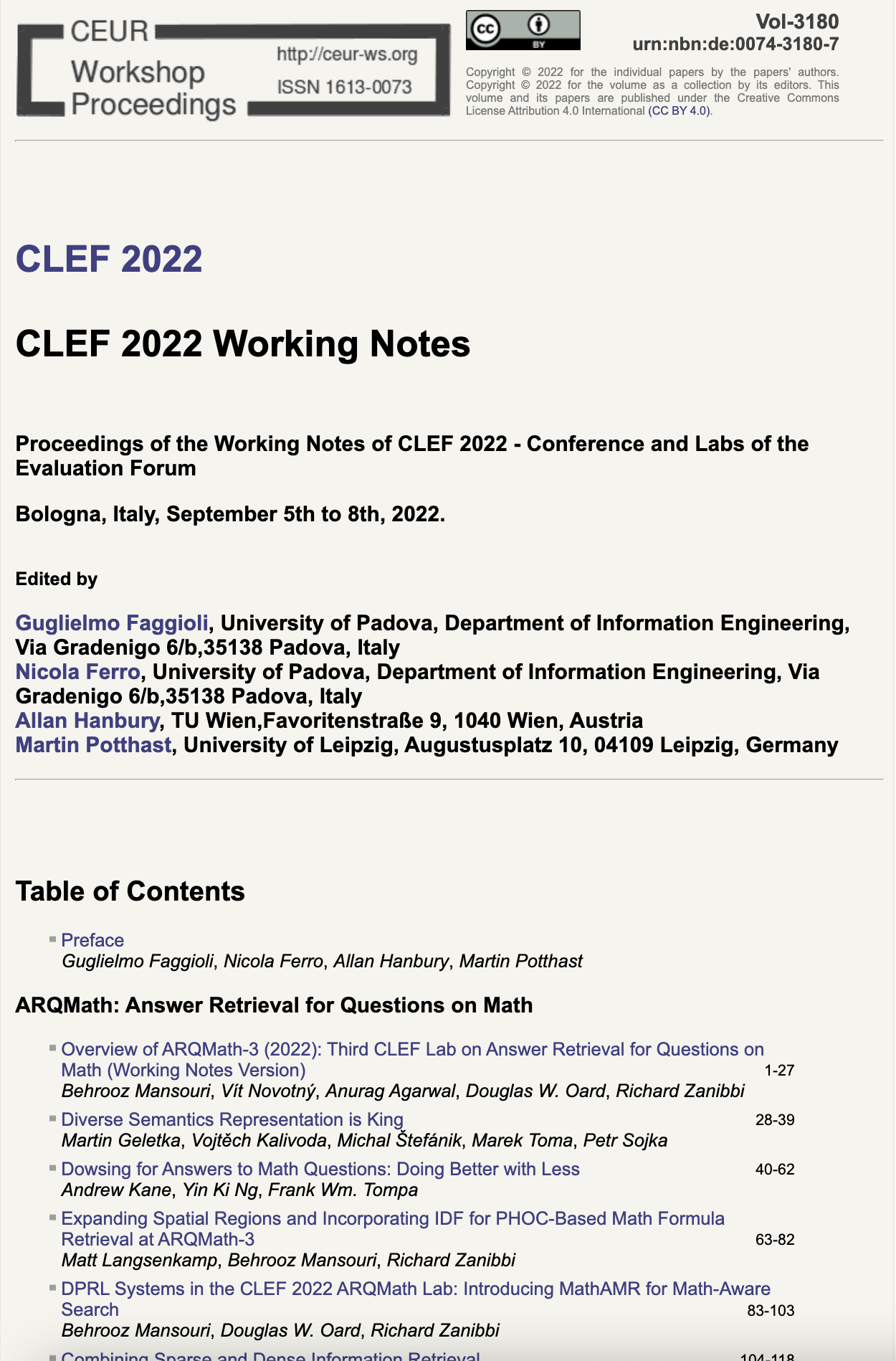 CLEF 2022 CEUR-WS Working Notes page