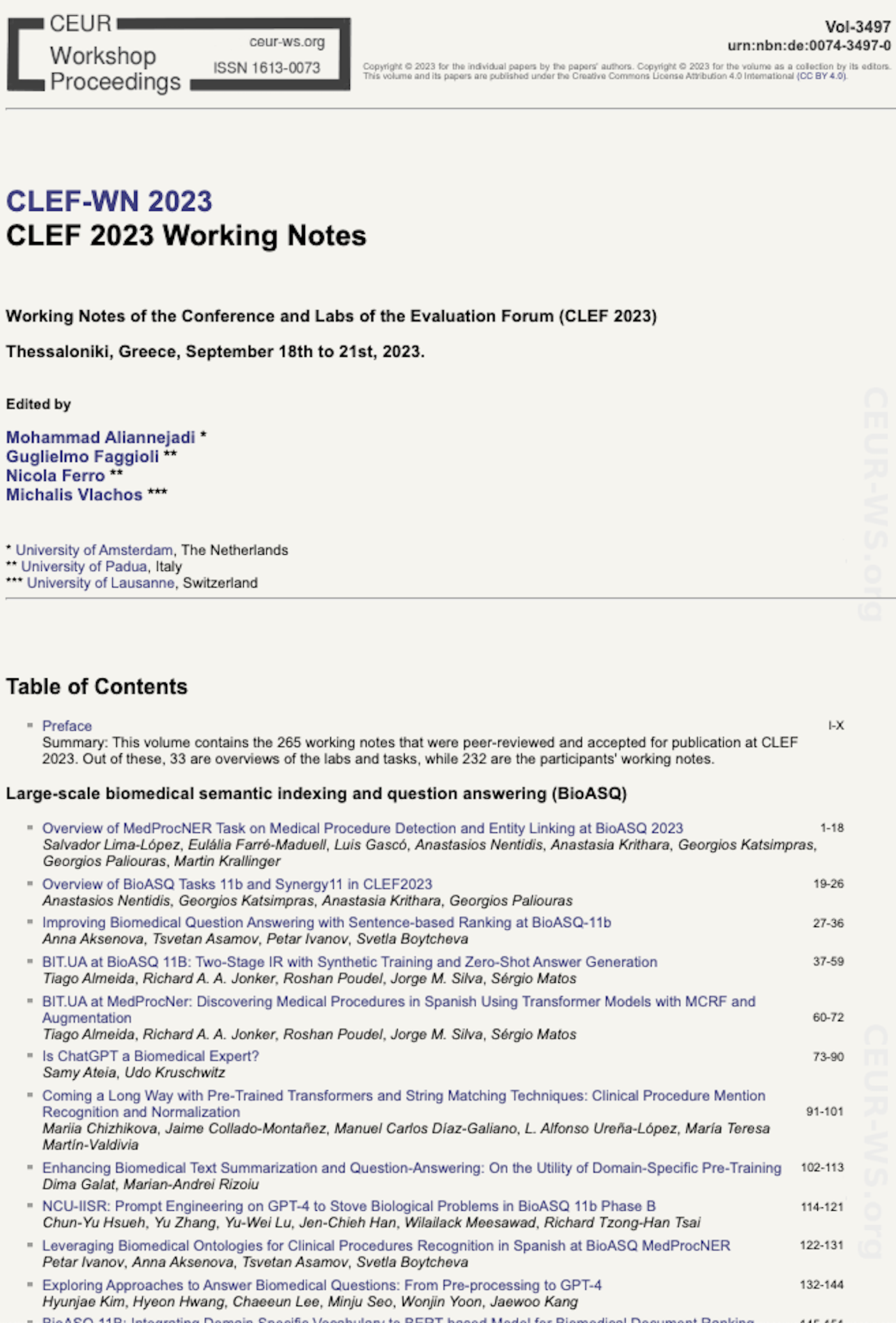 CLEF 2023 CEUR-WS Working Notes page
