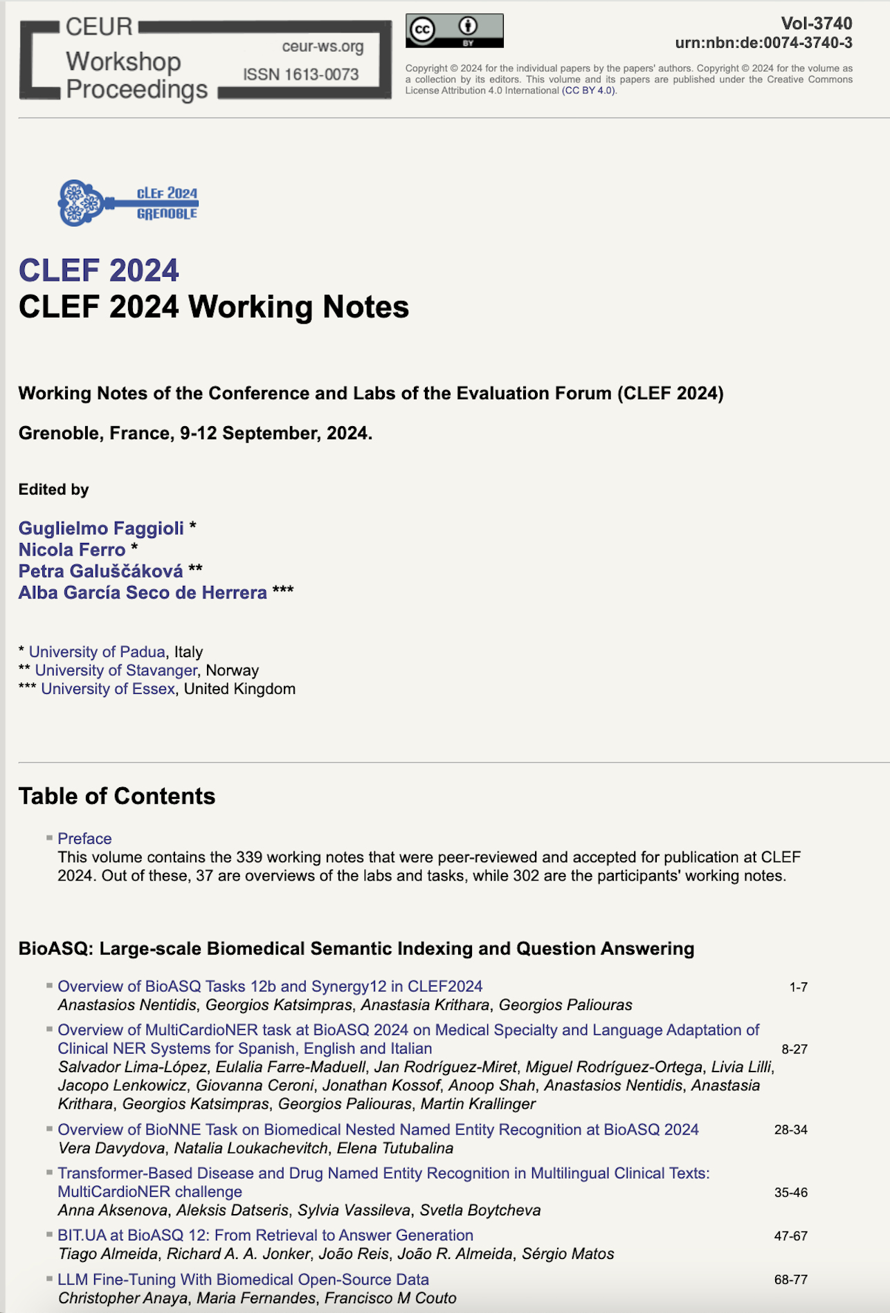 CLEF 2024 CEUR-WS Working Notes page